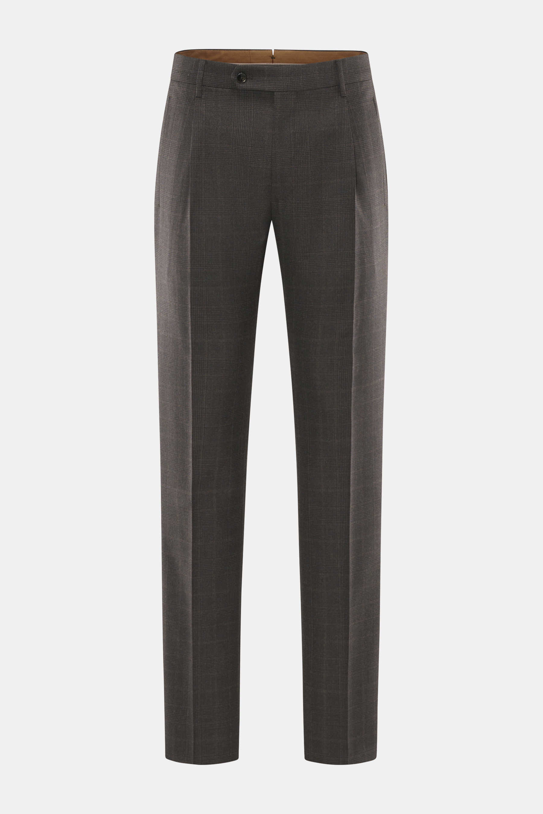 Berwich Wollhose 'Retrolong' dunkelbraun kariert, von vorne fotografiert, Regular Fit, reine Wolle, Prince-of-Wales Muster, Knopfriegel, Bundfalte, Taschen.