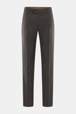 Berwich Wool pants 'Retrolong' dark brown checkered, front view, pure wool twill with subtle Prince of Wales check, regular fit, tapered legs, zipper, buttons, piped hip pockets.