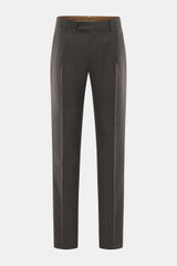 Berwich Wool pants 'Retrolong' dark brown checkered, front view, pure wool twill with subtle Prince of Wales check, regular fit, tapered legs, zipper, buttons, piped hip pockets.