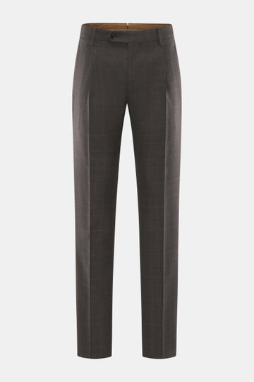 Berwich Wool pants 'Retrolong' dark brown checkered, front view, pure wool twill with subtle Prince of Wales check, regular fit, tapered legs, zipper, buttons, piped hip pockets.