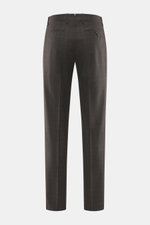 Berwich Wool pants 'Retrolong' dark brown checkered shown from the back, made of fine twill pure wool with Prince of Wales pattern, regular fit, tapered legs, waistband buttons, zipper, simple pleat, piped hip pockets, welt back pockets, and open hem leng