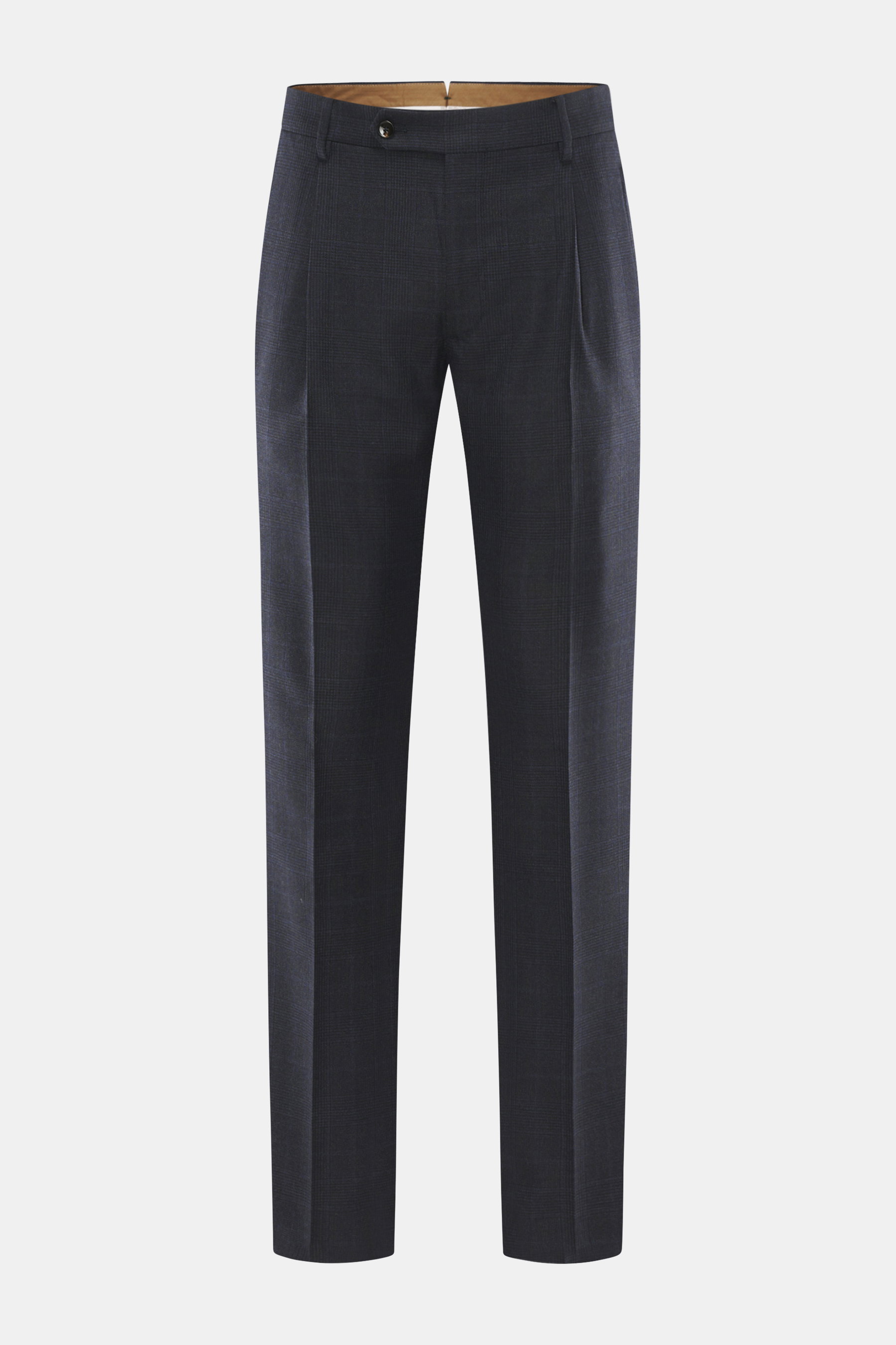 Berwich Wollhose 'Retrolong' navy kariert, frontale Nahaufnahme, Regular Fit, reine Wolle, Prince-of-Wales Muster, Bundknöpfe, offene Saumlänge.