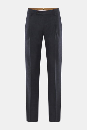 Berwich Wool pants 'Retrolong' navy checkered front view showing casual regular fit, pure wool twill, Prince of Wales pattern, tapered legs.