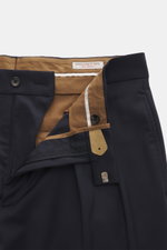 Berwich Wollhose 'Lucano' navy, Frontansicht offen mit Reißverschluss, Bundhaken, doppelter Bundfalte, reine Schurwolle, Regular Fit.