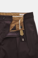 Berwich Wollhose 'Lucano' dunkelviolett, Detailfoto von innen mit Reißverschluss, Bundhaken, doppelter Bundfalte, Taschen, reine Schurwolle, Regular Fit.