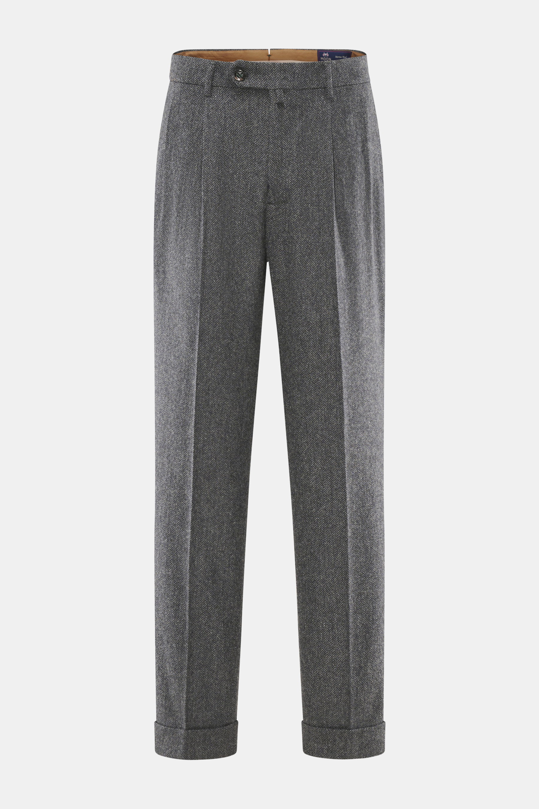 Berwich Merino Wollhose 'Negroni' dunkelgrau gemustert, Fischgrat aus Wolle, Regular Fit, schmal zulaufend, frontal fotografiert, mit Saumaufschlag.
