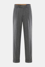 Front view of Berwich Merino Wool Pants 'Negroni' dark grey patterned with herringbone pure wool, regular fit, tapered legs, side pockets, back flap pockets, zipper, waistband hook, extended button tab, and fixed hem cuffs, ideal for British-inspired autu