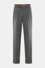 Front view of Berwich Merino Wool Pants 'Negroni' dark grey patterned with herringbone pure wool, regular fit, tapered legs, side pockets, back flap pockets, zipper, waistband hook, extended button tab, and fixed hem cuffs, ideal for British-inspired autu