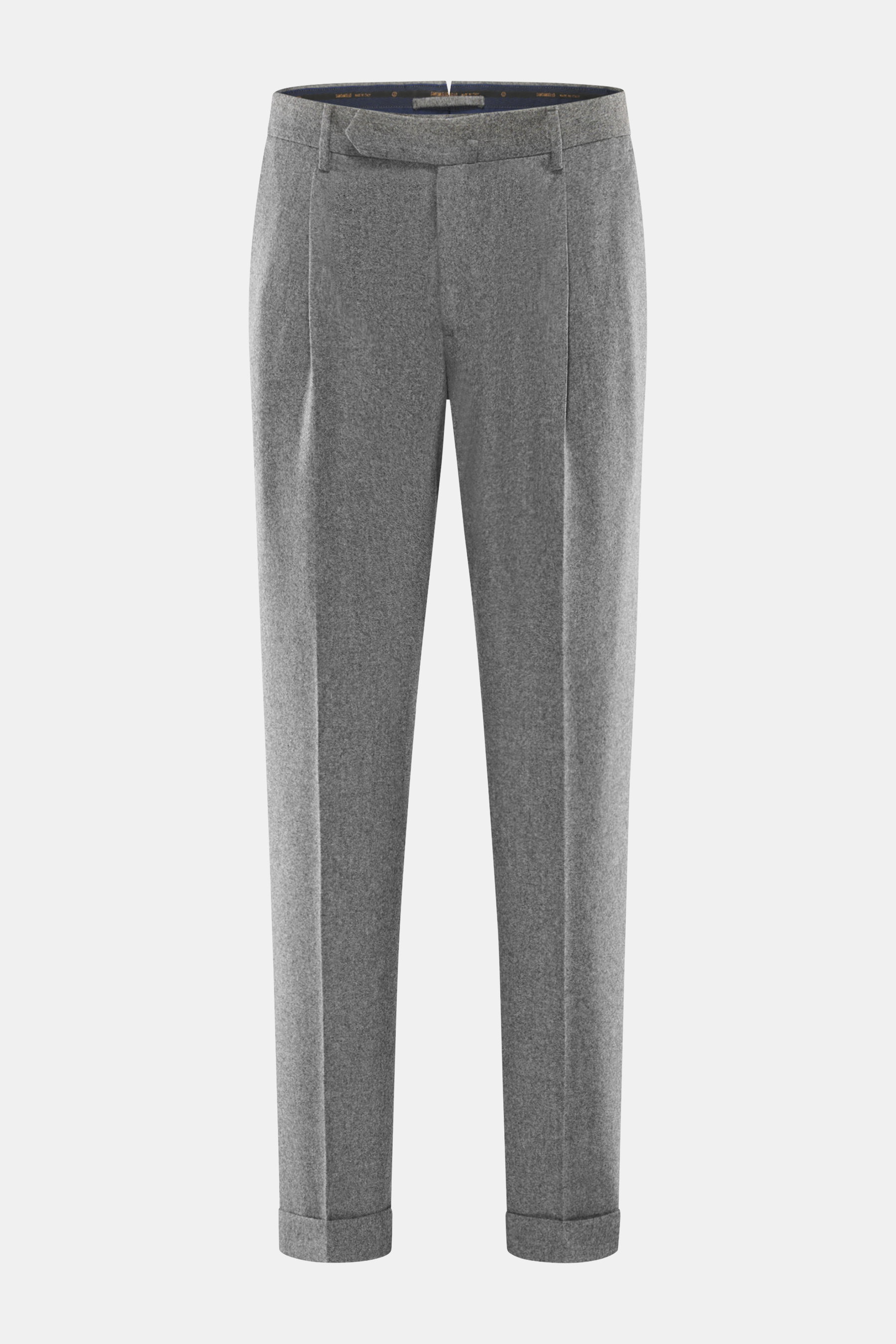 Santaniello Wollhose 'Camerota' grau meliert, frontal fotografiert, Bundfalten, französische Taschen, Reißverschluss, Bundknöpfe, fixierter Saumaufschlag.