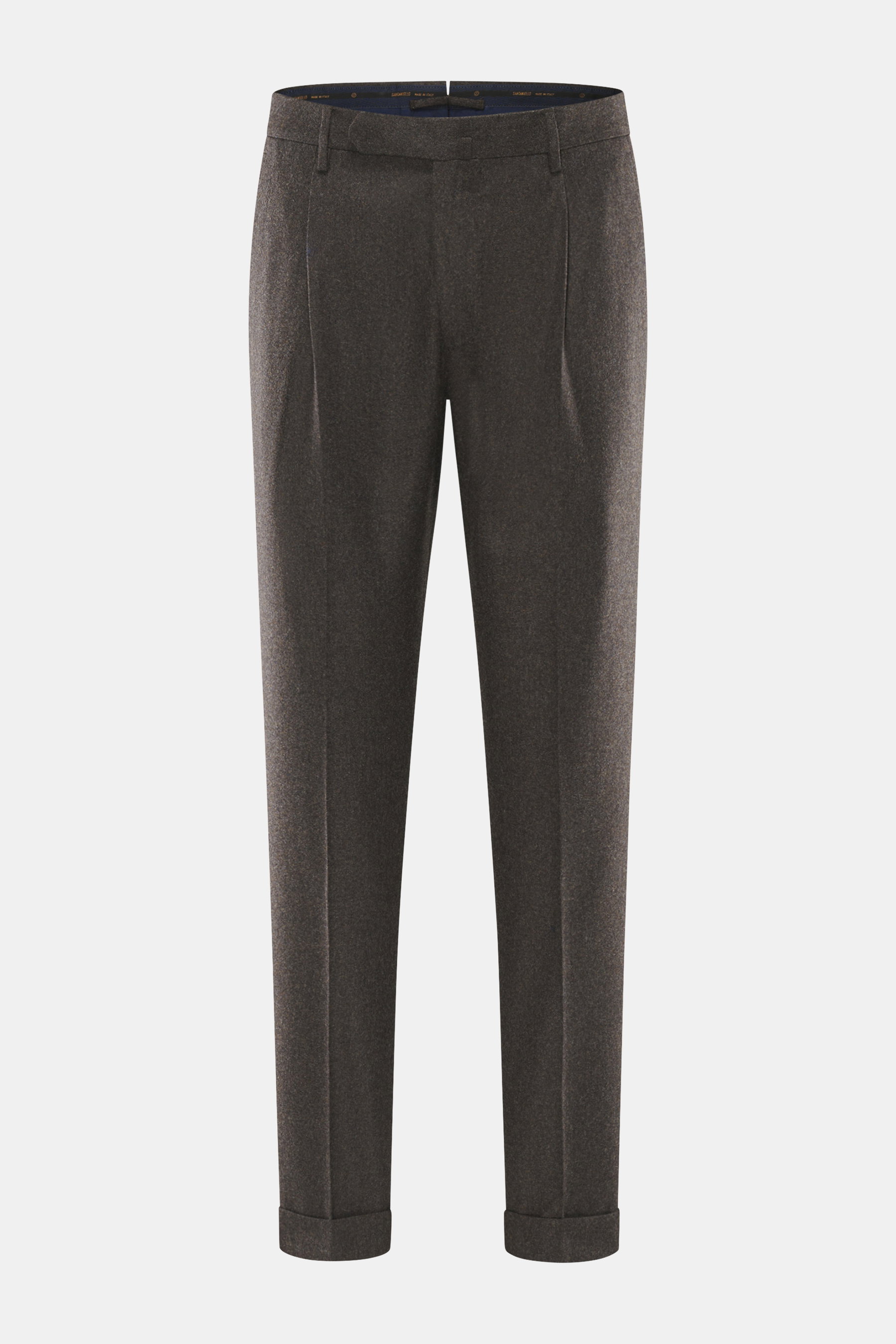 Santaniello Wollhose 'Camerota' anthrazit meliert, frontale Ansicht, reine Wolle, Regular Fit, Bundfalte, französische Taschen, Saumaufschlag.