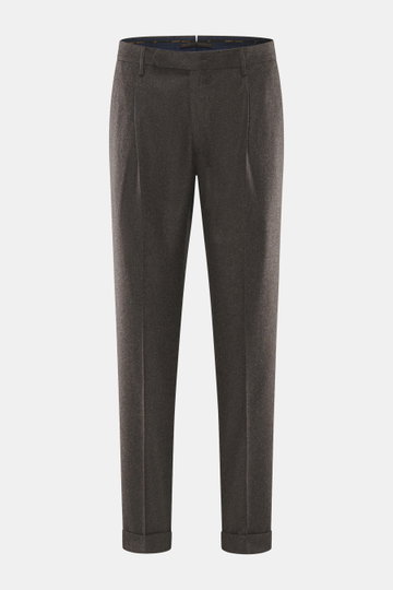Front view of Santaniello Wool Pants 'Camerota' Anthracite Melange, pure wool pleated pants with soft touch, regular fit, zipper, waistband buttons, French pockets, back pockets with buttoned flap, and fixed hem cuff. Casualness meets style with fine wool