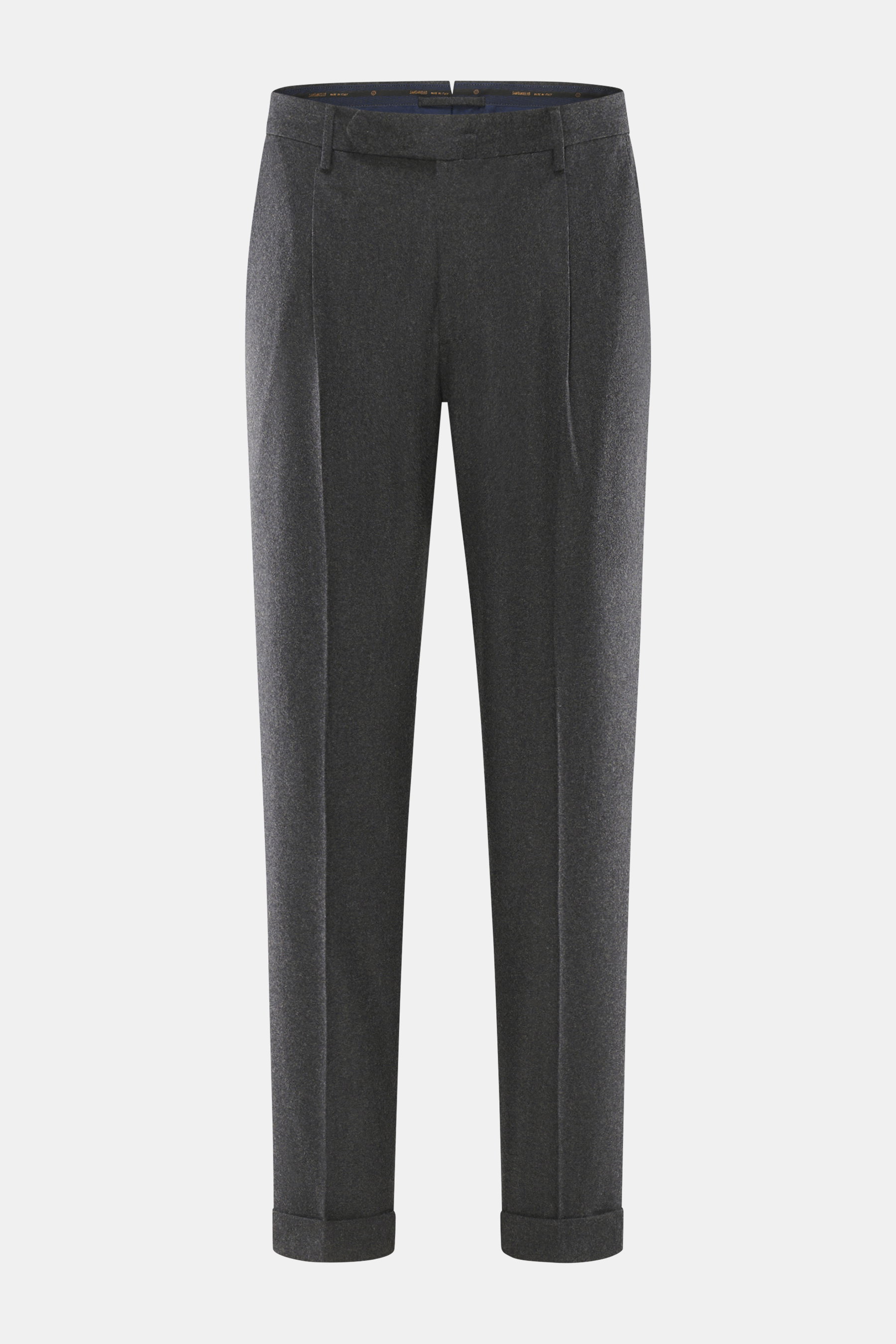 Santaniello Wollhose 'Camerota' dunkelgrau meliert, frontale Perspektive, reine Wolle, Regular Fit, Bundfalten, französische Taschen, Saumaufschlag.