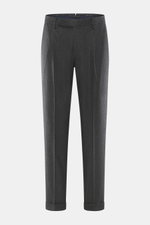 Santaniello Wollhose 'Camerota' dunkelgrau meliert, frontale Perspektive, reine Wolle, Regular Fit, Bundfalten, französische Taschen, Saumaufschlag.