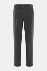 Santaniello Wollhose 'Camerota' dunkelgrau meliert, frontale Perspektive, reine Wolle, Regular Fit, Bundfalten, französische Taschen, Saumaufschlag.