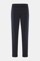 Santaniello Wollhose 'Camerota' navy, frontale Nahaufnahme, Bundfalten, Reißverschluss, Bundknöpfe, französische Taschen, weiches Wollgewebe, Regular Fit.