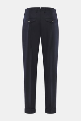 Rückansicht der Santaniello Wollhose 'Camerota' navy aus reiner Wolle mit Bundfalten, französischen Taschen, geknöpften Gesäßtaschen und fixiertem Saumaufschlag.