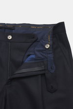 Santaniello Wollhose 'Camerota' navy von oben fotografiert, reine Wolle, Regular Fit, Bundfalte, Reißverschluss, Knöpfe, französische Taschen.