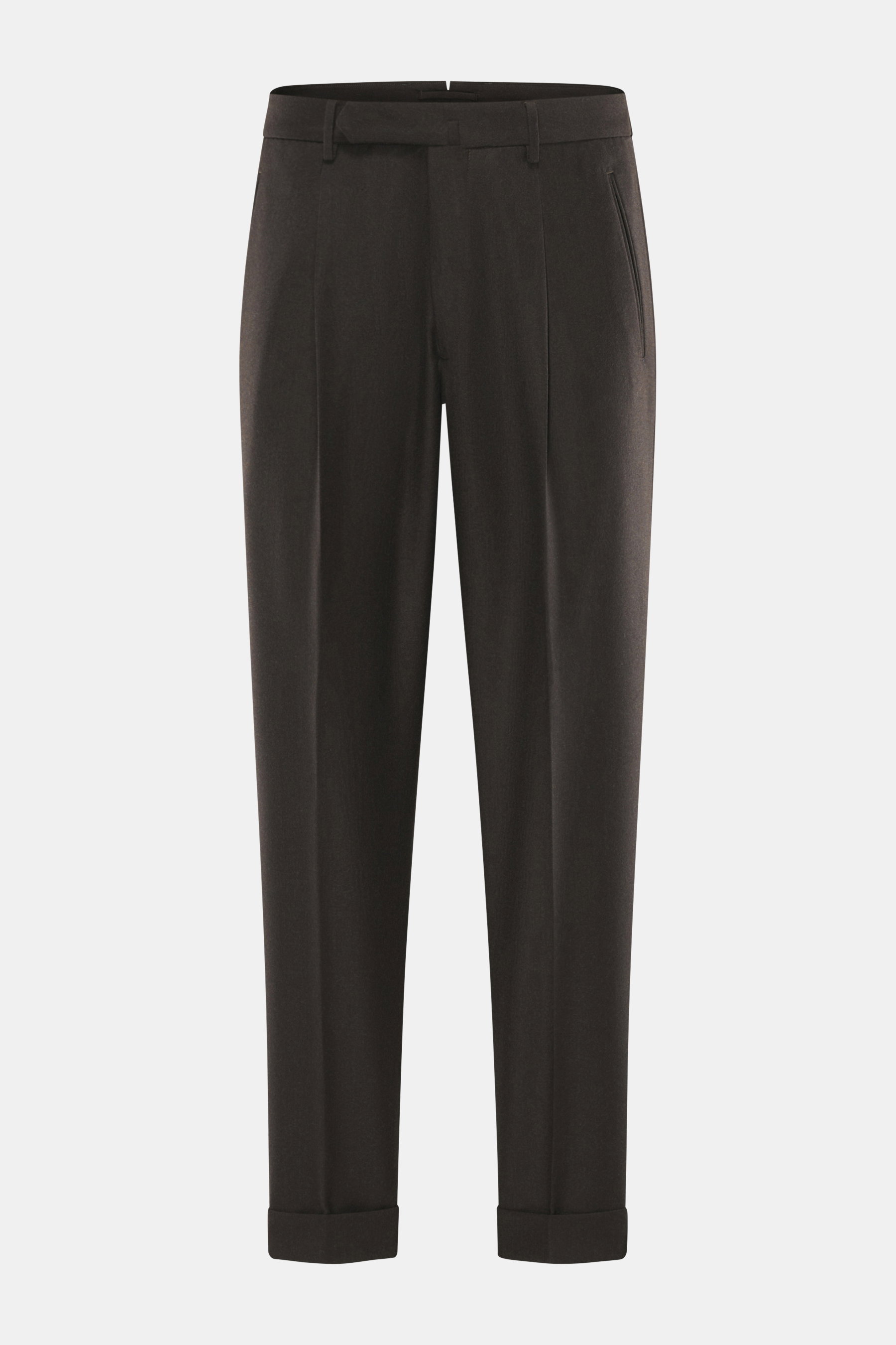 Vorderansicht der Santaniello Wollhose 'Arsenio' dunkelbraun meliert aus Twill mit Cashmere, sehr weich, Tapered Fit, knöchellang, Reißverschluss, Bundknöpfe, Bundfalte, paspelierte Taschen, fixierter Saumaufschlag.