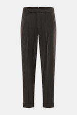 Vorderansicht der Santaniello Wollhose 'Arsenio' dunkelbraun meliert aus Twill mit Cashmere, sehr weich, Tapered Fit, knöchellang, Reißverschluss, Bundknöpfe, Bundfalte, paspelierte Taschen, fixierter Saumaufschlag.