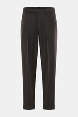 Vorderansicht der Santaniello Wollhose 'Arsenio' dunkelbraun meliert aus Twill mit Cashmere, sehr weich, Tapered Fit, knöchellang, Reißverschluss, Bundknöpfe, Bundfalte, paspelierte Taschen, fixierter Saumaufschlag.