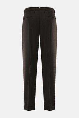 Rückansicht der Santaniello Wollhose 'Arsenio' dunkelbraun meliert aus Twill mit Cashmere, sehr weicher Griff, Tapered Fit, knöchellang, schmal zulaufend, mit Reißverschluss, Bundknöpfen, einfacher Bundfalte, paspelierten Hüft- und Gesäßtaschen sowie fixi