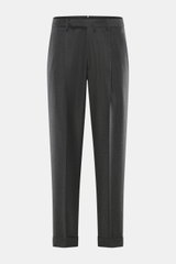 Santaniello Wollhose 'Arsenio' dunkelgrau meliert, frontale Ansicht, Twill aus Wolle mit Cashmere, weicher Griff, Tapered Fit, reguläre Oberschenkelweite, knöchellang, schmal zulaufend, Reißverschluss, Bundknöpfe, einfache Bundfalte, paspelierte Hüft- und