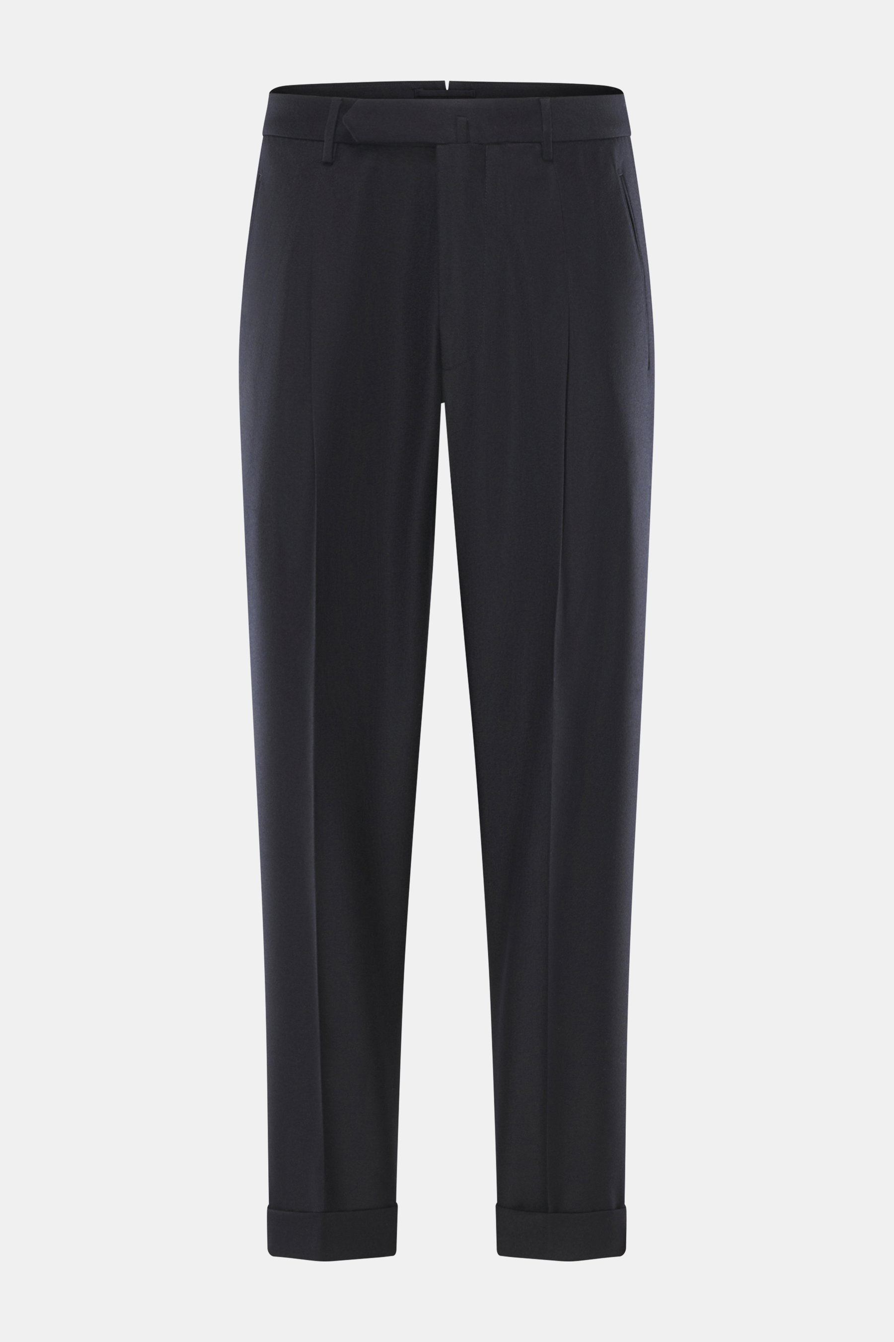 Vorderansicht der Santaniello Wollhose 'Arsenio' navy, Twill aus Wolle mit Cashmere, sehr weich, Tapered Fit, reguläre Oberschenkelweite, knöchellang, schmal zulaufend, Reißverschluss und Bundknöpfe, einfache Bundfalte, paspelierte Hüft- und Gesäßtaschen,