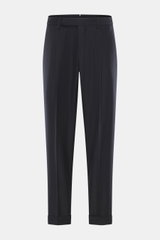 Vorderansicht der Santaniello Wollhose 'Arsenio' navy, Twill aus Wolle mit Cashmere, sehr weich, Tapered Fit, reguläre Oberschenkelweite, knöchellang, schmal zulaufend, Reißverschluss und Bundknöpfe, einfache Bundfalte, paspelierte Hüft- und Gesäßtaschen,