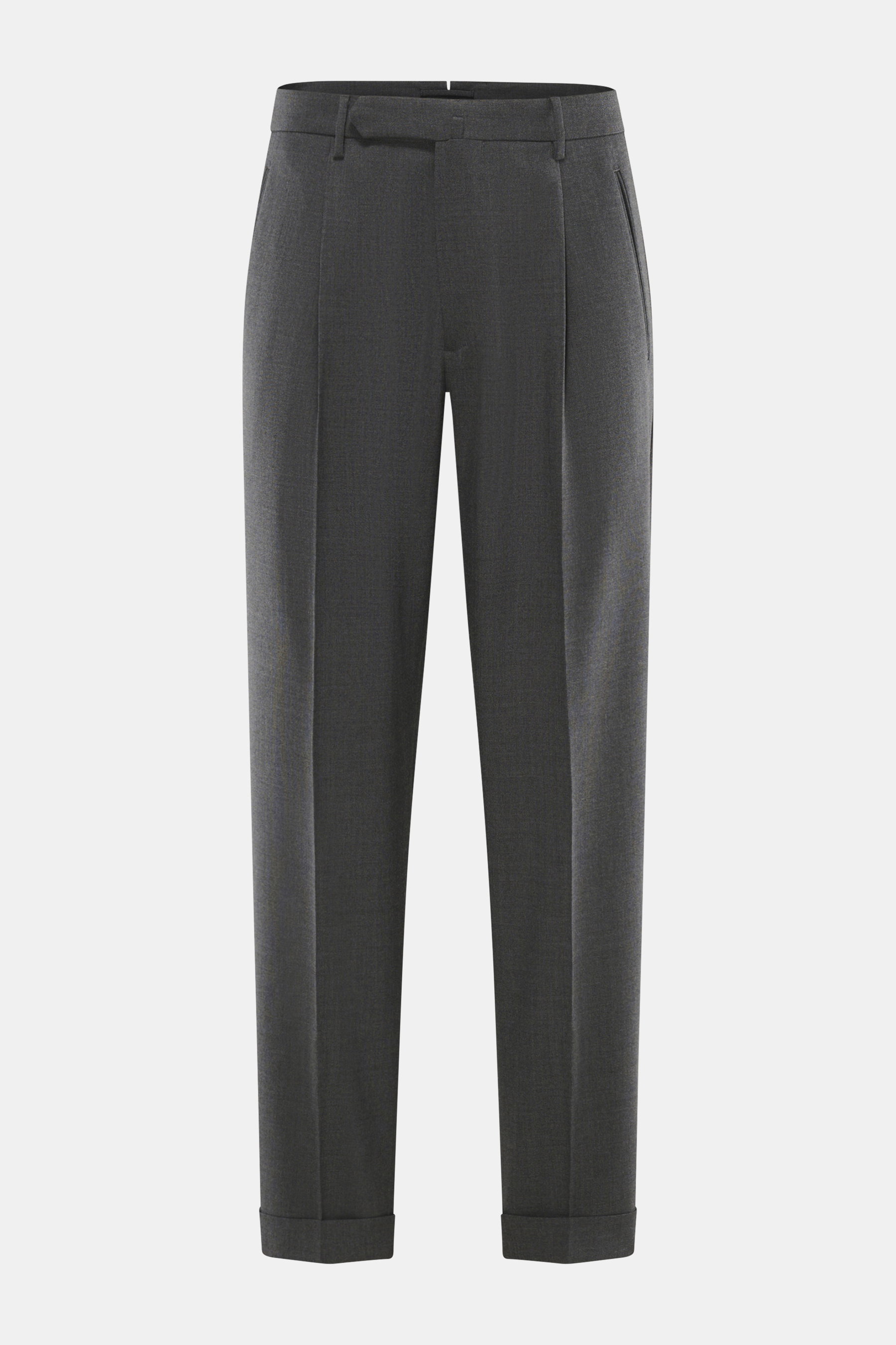 Santaniello Wollhose 'Arsenio' dunkelgrau, frontal fotografiert, knöchellang, schmal zulaufend, reine Wolle, Carrot Fit, Bundknopf, Reißverschluss, paspelierte Taschen.