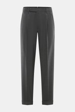 Santaniello Wollhose 'Arsenio' dunkelgrau, frontal fotografiert, knöchellang, schmal zulaufend, reine Wolle, Carrot Fit, Bundknopf, Reißverschluss, paspelierte Taschen.
