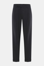 Santaniello Wollhose 'Arsenio' navy, frontale Ansicht, knöchellang, Carrot Fit, reine Wolle, glatter Griff, Bundknopf, Reißverschluss, Bundfalte, paspelierte Taschen, fixierter Saumaufschlag, reguläre Oberschenkelweite.