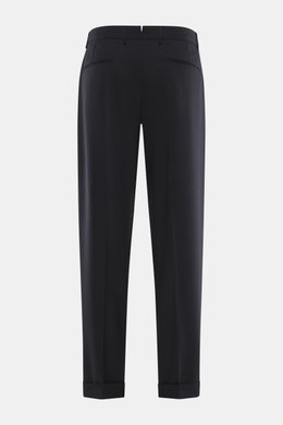 Santaniello Wollhose 'Arsenio' navy, knöchellang, schmal zulaufend, Carrot Fit, glatter Griff, reine Wolle, Rückansicht mit paspelierten Taschen.