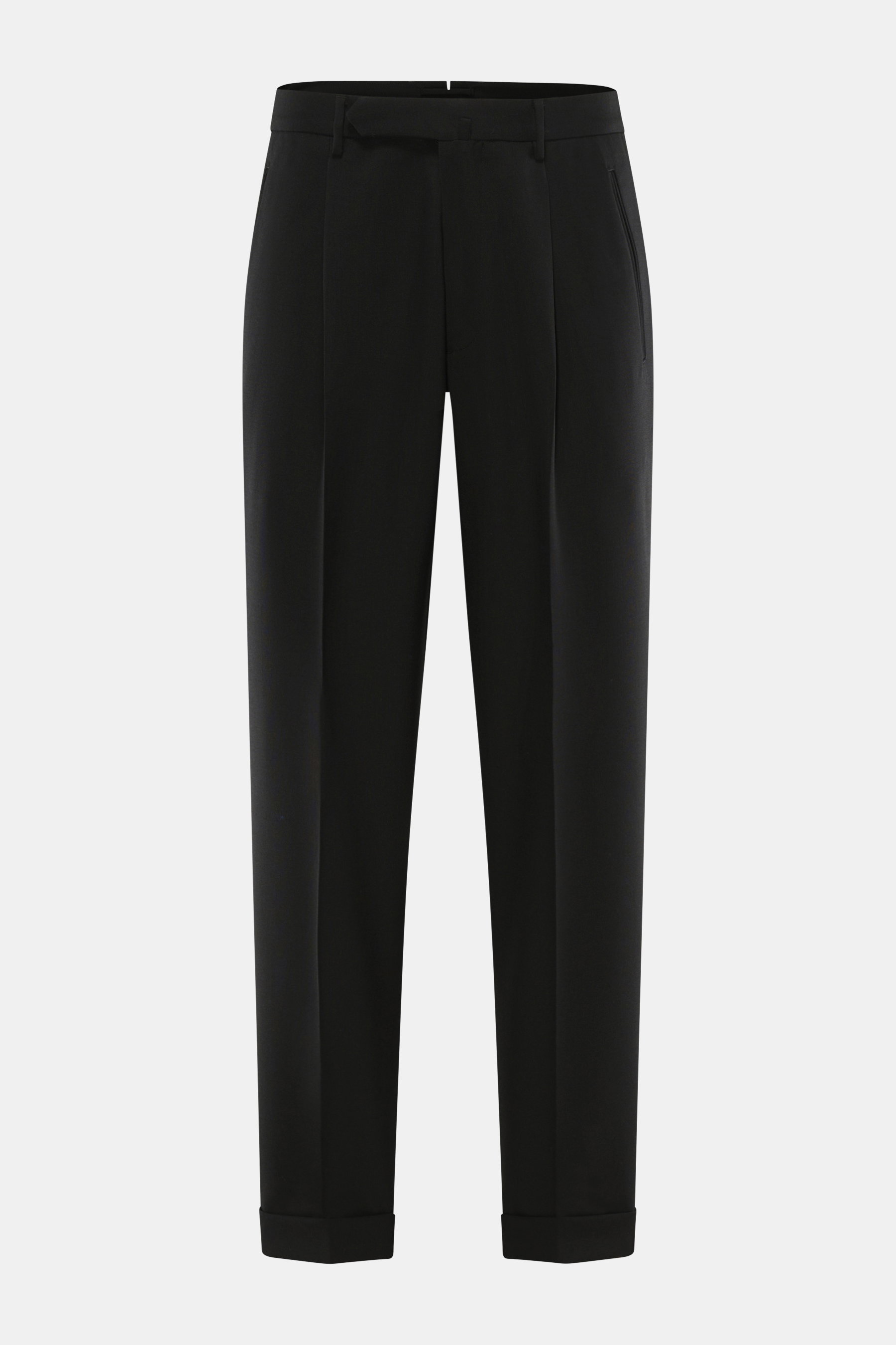 Santaniello Wollhose 'Arsenio' schwarz, frontale Ansicht, reine Wolle, glatter Griff, Carrot Fit, reguläre Oberschenkelweite, knöchellang, Bundknopf, Reißverschluss, Bundfalte, paspelierte Taschen, fixierter Saumaufschlag.