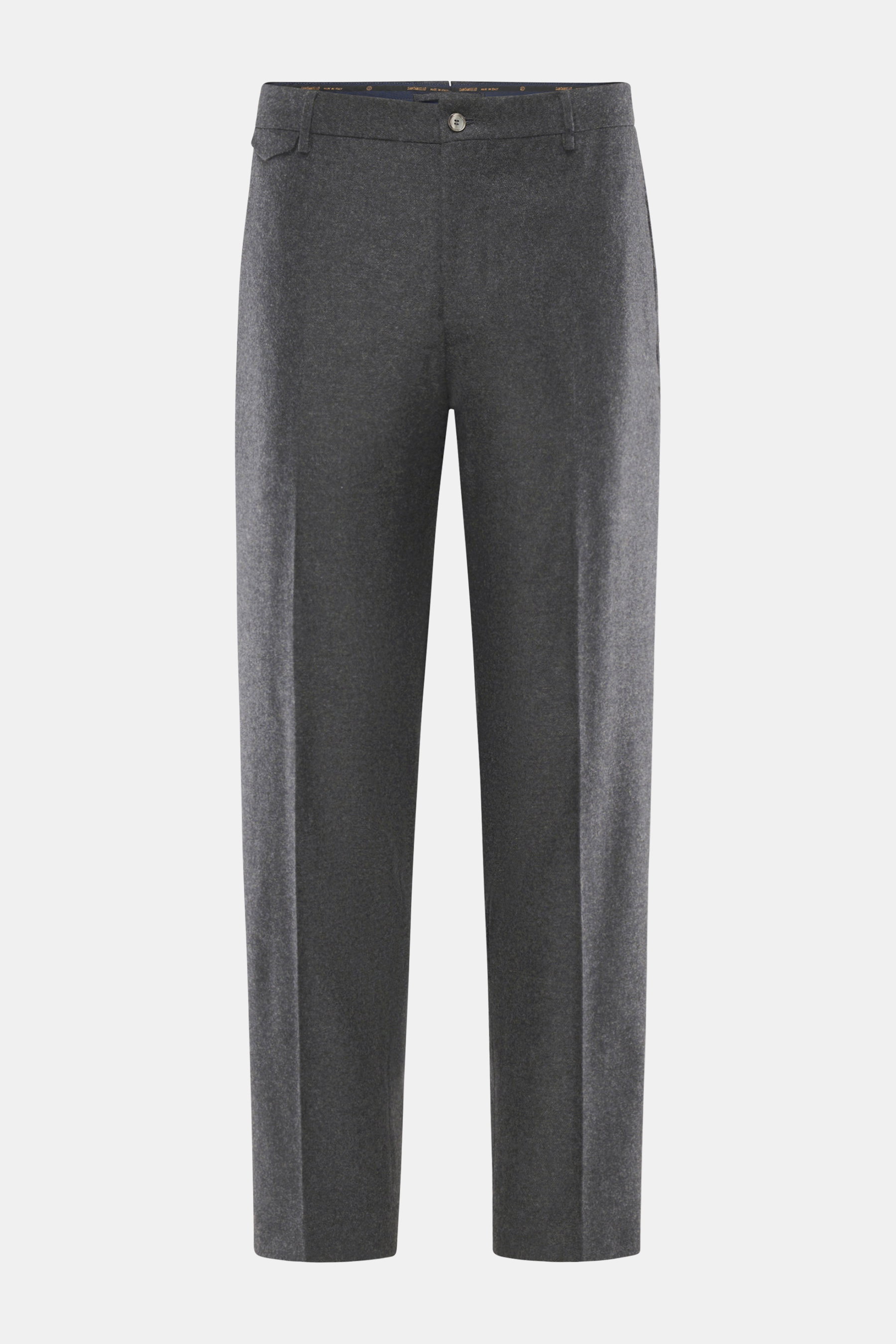 Santaniello Hose 'Cava' dunkelgrau meliert, frontale Nahaufnahme, Woll-Mix, Tapered Fit, knöchellang, Taschen mit Patte, weicher Griff, klassisch retro.