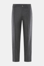 Santaniello Hose 'Cava' dunkelgrau meliert, frontale Nahaufnahme, Woll-Mix, Tapered Fit, knöchellang, Taschen mit Patte, weicher Griff, klassisch retro.