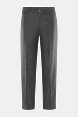 Santaniello Hose 'Cava' dunkelgrau meliert, frontale Nahaufnahme, Woll-Mix, Tapered Fit, knöchellang, Taschen mit Patte, weicher Griff, klassisch retro.
