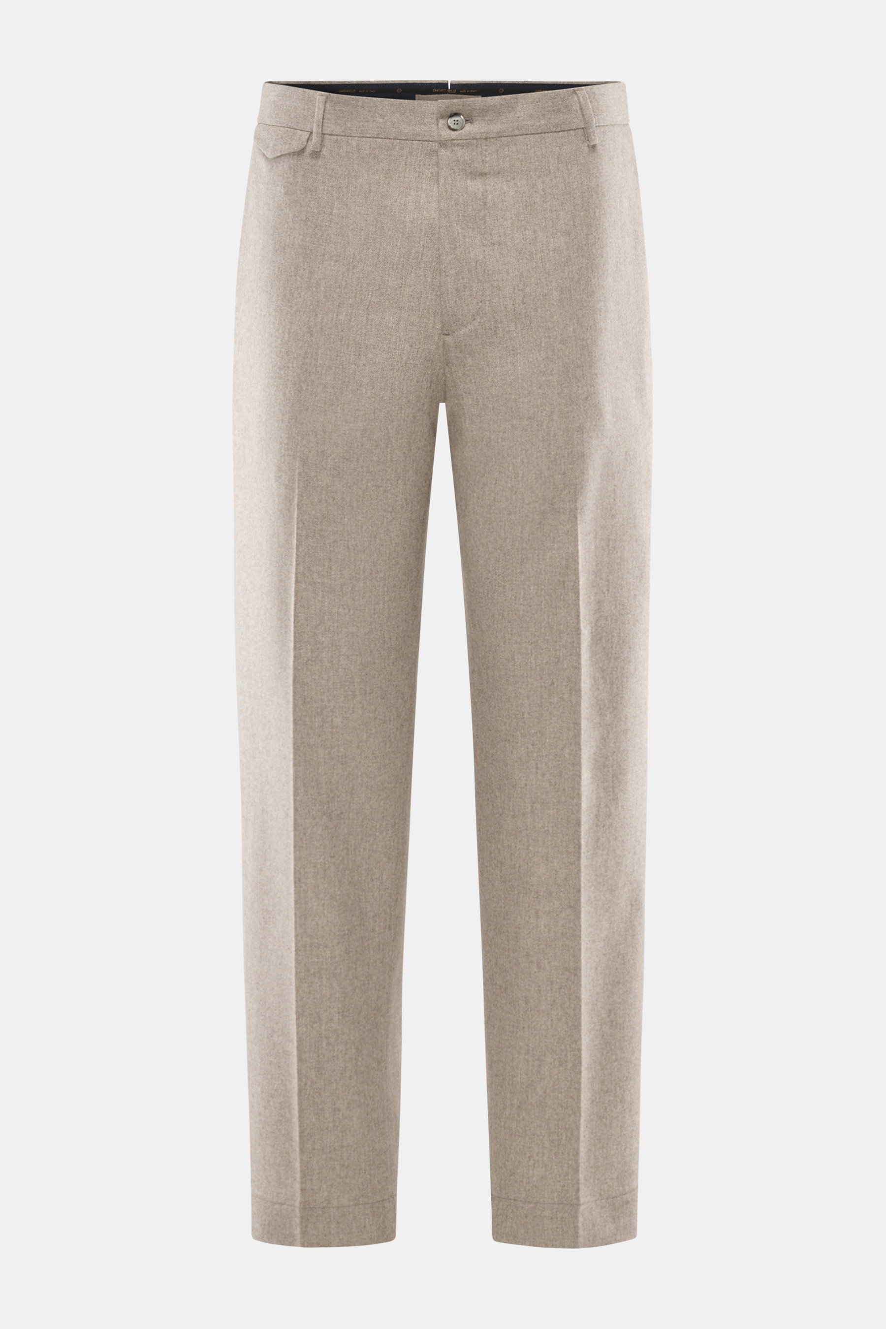 Santaniello Hose 'Cava' taupe meliert, frontale Nahaufnahme, Woll-Mix, weicher Griff, Tapered Fit, knöchellang mit Taschen, klassisch-retro.