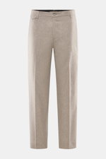 Santaniello Hose 'Cava' taupe meliert, frontale Nahaufnahme, Woll-Mix, weicher Griff, Tapered Fit, knöchellang mit Taschen, klassisch-retro.