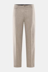 Santaniello Hose 'Cava' taupe meliert, frontale Nahaufnahme, Woll-Mix, weicher Griff, Tapered Fit, knöchellang mit Taschen, klassisch-retro.