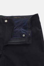 Santaniello Trousers 'Cava' navy shown from above with open waistband, zipper, button, and inner lining, made from a wool blend.