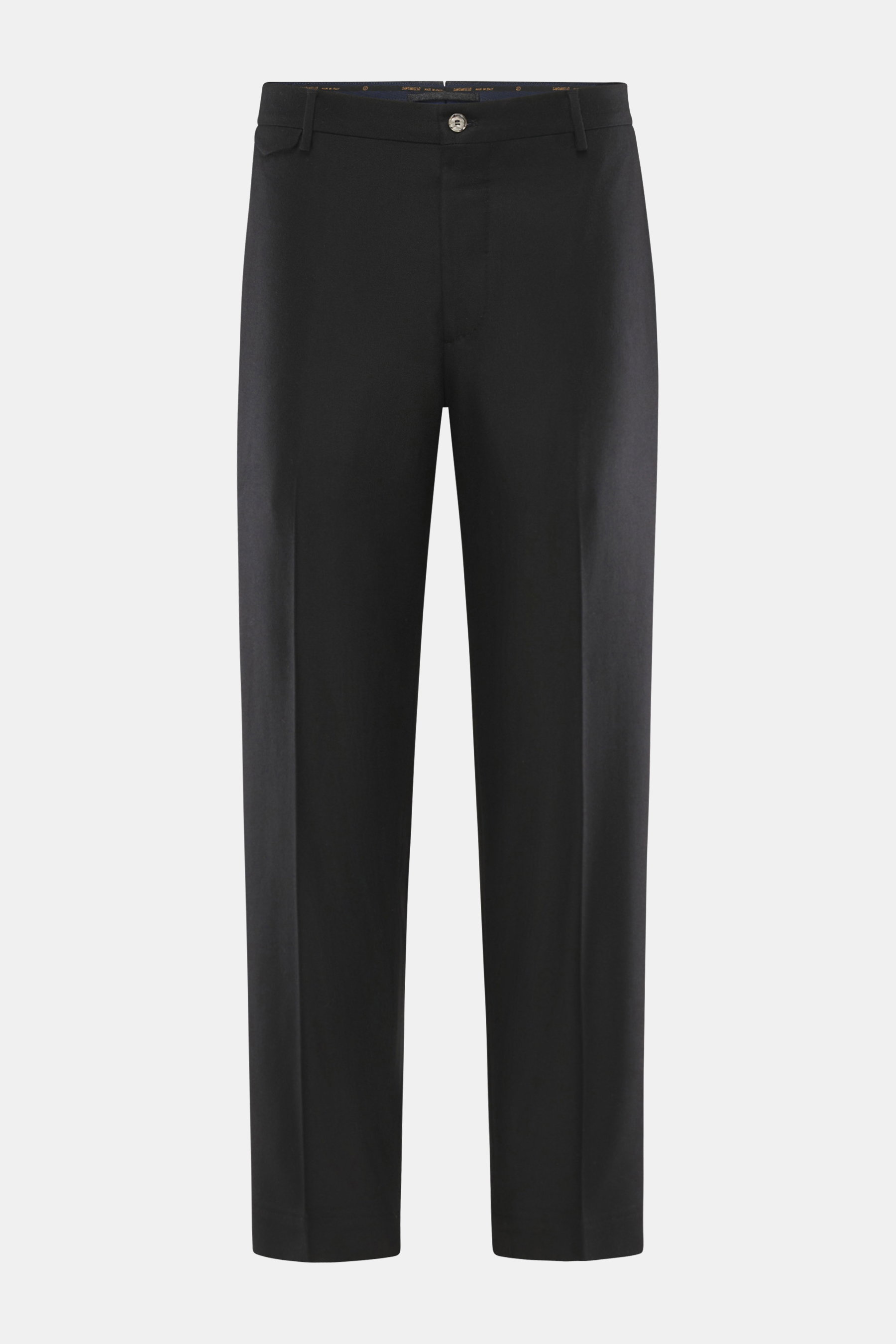 Santaniello Hose 'Cava' schwarz in Frontansicht, knöchellang, Tapered Fit aus Woll-Mix mit Bundknopf, Reißverschluss, Uhrentasche und Seitentaschen.