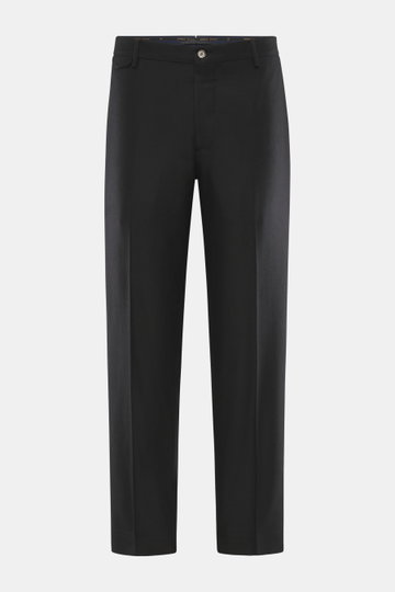 Santaniello Trousers 'Cava' black front view, ankle-length tapered fit wool blend with button, zipper, watch pocket, side and back flap pockets.