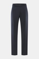 Front view of Lardini Trousers navy in pure viscose, regular fit, straight cut, with zipper and waistband hook, French pockets, small watch pocket, piped back pockets with button, and open length.