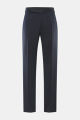 Front view of Lardini Trousers navy in pure viscose, regular fit, straight cut, with zipper and waistband hook, French pockets, small watch pocket, piped back pockets with button, and open length.