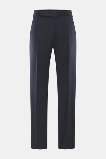 Lardini Hose navy, frontale Aufnahme, reine Viskose, Regular Fit, gerader Schnitt, Reißverschluss, Bundhaken, französische Taschen, Uhrentasche, paspelierte Gesäßtaschen mit Knopf, offene Länge.