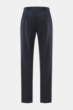 Lardini Trousers navy shown from the back, pure viscose, regular fit, straight cut, zipper and waistband hook, French pockets, small watch pocket, piped back pockets with button, open length.