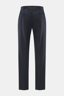 Lardini Trousers navy shown from the back, pure viscose, regular fit, straight cut, zipper and waistband hook, French pockets, small watch pocket, piped back pockets with button, open length.