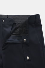 Lardini Trousers navy shown from close-up front top view, pure viscose, regular fit, straight cut, zipper and waistband hook, French pockets, small watch pocket, piped back pockets with button, open length.