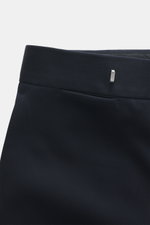 Close-up front view of Lardini Trousers navy, pure viscose, regular fit, straight cut, with zipper and waistband hook, French pockets, small watch pocket, piped back pockets with button, and open length.
