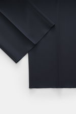 Lardini Trousers navy shown from a close-up top-down view highlighting open length, pure viscose fabric, regular fit, straight cut, zipper and waistband hook, French pockets, small watch pocket, and piped back pockets with button.